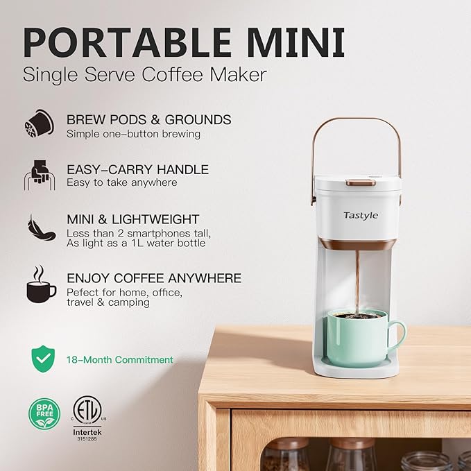 Single Serve One Cup Coffee Maker for K Cups and Grounds Mini Coffee Maker with Portable Handle 6 to 12 Oz Brew Size for Travel Camping Office RV and Dorm 120V White and Brown