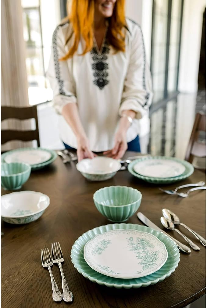 Agatha 12-Piece Stoneware Dinnerware Set – Service for 4 Rustic Farmhouse Plates &amp Bowls Vintage Floral Design Microwave &amp Dishwasher Safe (Green)