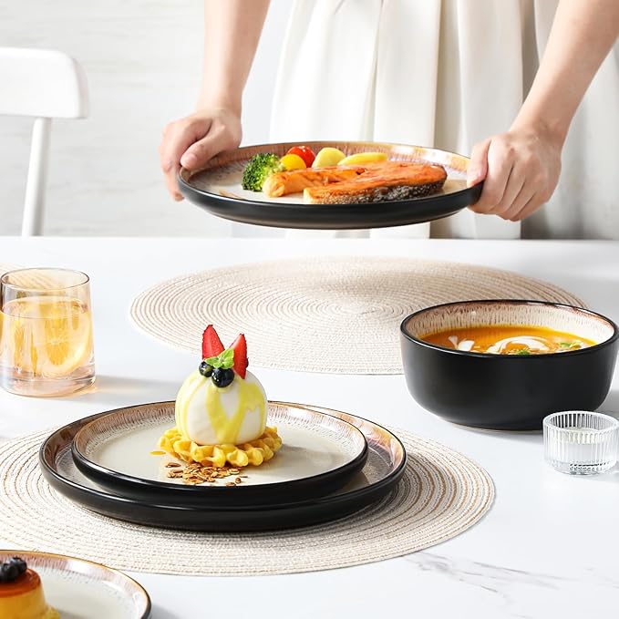 vancasso Plates and Bowls Sets 24 Pieces Stoneware Dinnerware Sets for 8 Kitchen Dish Set Mircowave and Dishwasher Safe Ceramic Dishware Light Cream Series AMBER