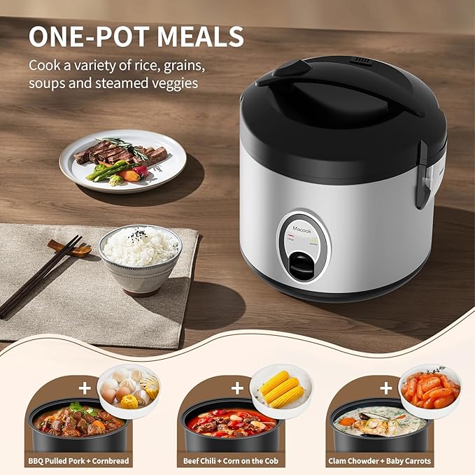 Stainless Steel Rice Cooker with Steamer 4-Cup Uncooked (1.0L)/8-Cup Cooked Electric Grain &amp Vegetable Cooker Auto Keep Warm for Oatmeal Soups &amp Multicooking