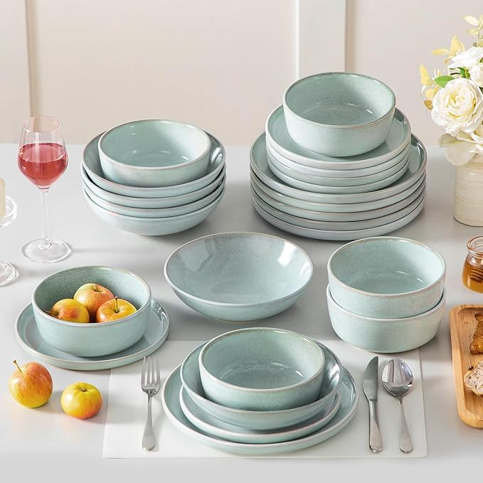 vancasso ANYA 24 Pieces Plates and Bowls Set Mint Green Dinnerware Sets Reactive Glaze Dishes Set for 6 Ceramic Dishware Sets Kitchen Dinner Set Microwave &amp Dishwasher Safe