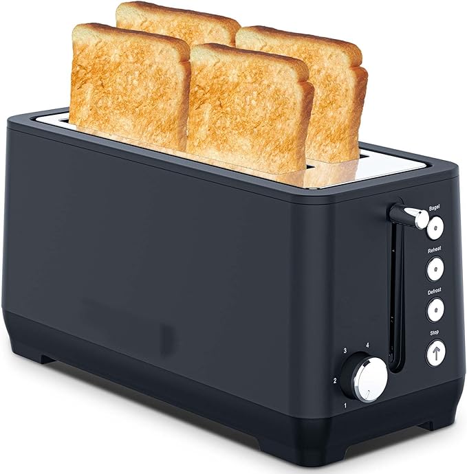 Long Slot Toaster 4 Slice Wide Slot Stainless Steel Toaster with 6 Browning Settings &amp Bagel Defrost/Reheat Functions Compact Kitchen Toasters with Removable Crumb Tray 1500W (Black)