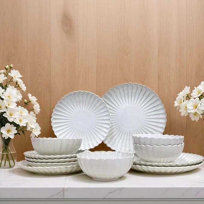 DOMINI 12-Piece Sunflower shape Ceramic Kitchen Dinnerware Set Service for 4 Porcelain Dishes Dinner Set with Dinner Plates Dessert Plates and Pasta BowlsRound-White Sunflower shape