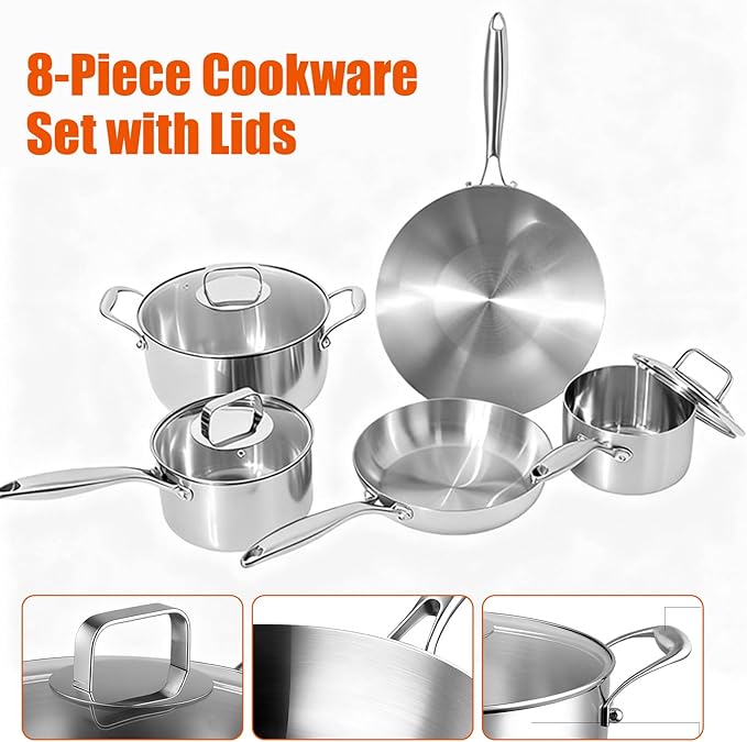 5 Ply Clad Stainless Steel 8-Piece Cookware Set with Lids Frying Pan &amp Soup Pot Wok and Milk Pot No Coating Non-Stick Kitchen Set Even Heating Frying Pans Compatible with All Cooktops9.4