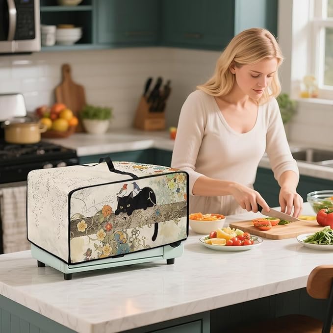 Doojoayie Black Cat Coffee Appliance Dust Cover 6 Slice Toaster Cover Small Appliance Dust Protector for Toaster Oven/Bread Making Machine/Air Fryer