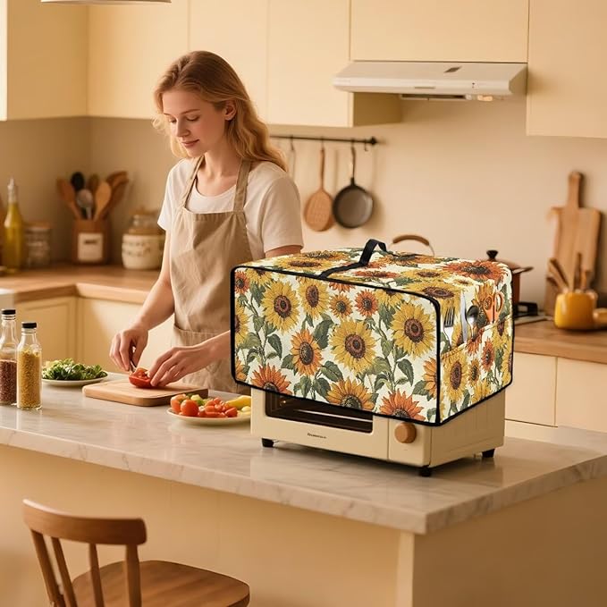 Faux Linen Polyester Toaster Oven Cover Scratch Resistant Appliances Dust Cover with Top Handle Side Storage Pockets for Home Kichen Appliances Retro Sunflower