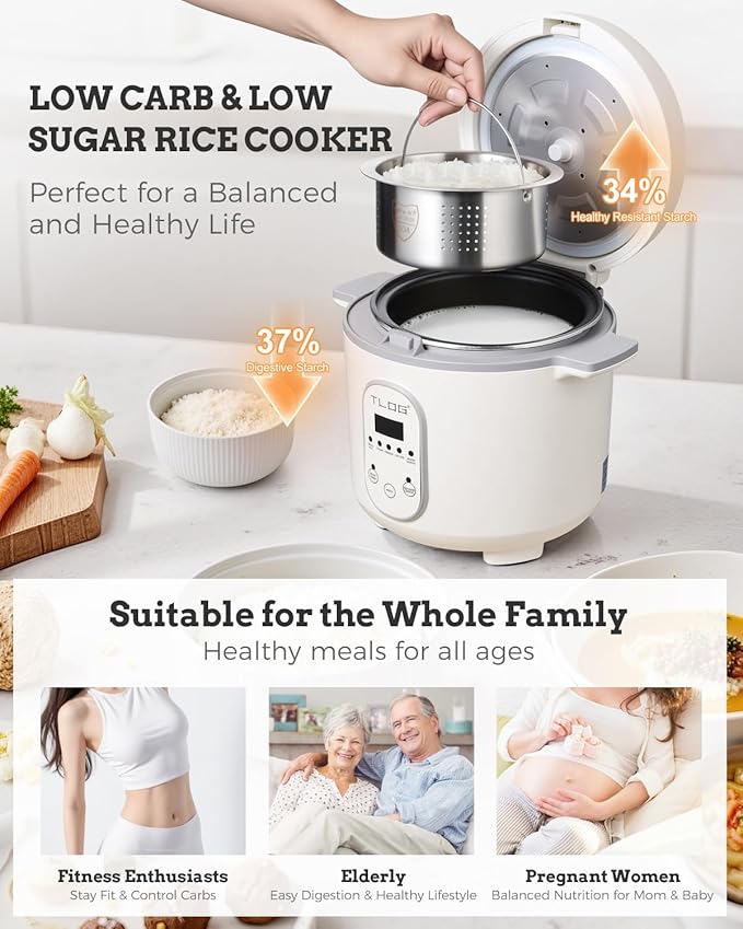 TLOG Low Carb Rice Cooker 2L(8 Cups Cooked) Low Sugar Healthy Rice Maker with 304 Stainless Steel Steamer Basket 5 Cooking Presets 24H Timer &amp Keep Warm Function