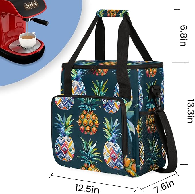 Pineapples Print Coffee Maker Travel Bag for Keurig K-Mini/K-Mini Plus Insulated Waterproof Tote with Pockets Portable Single-Serve Brewer Case