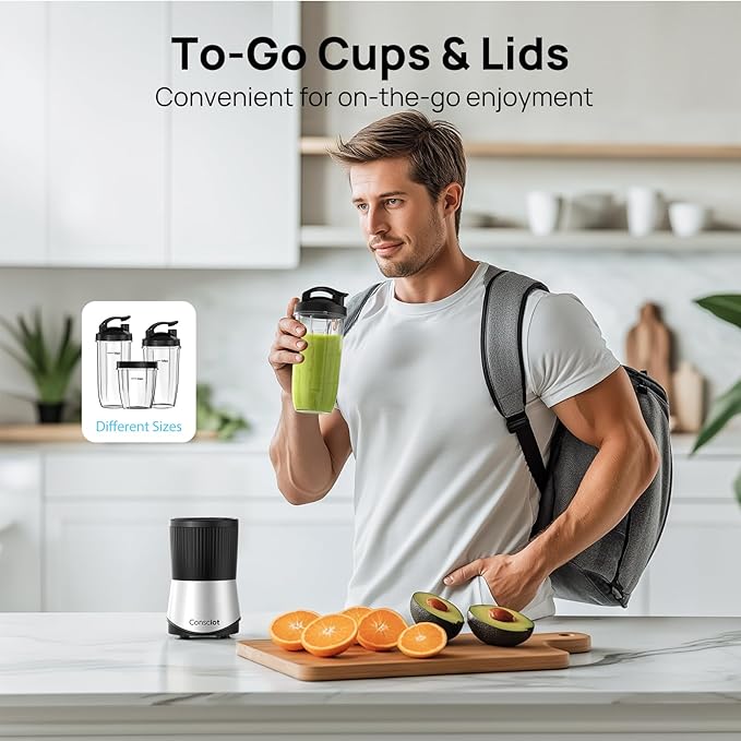 Consciot CB08 11-Piece Blender for Kitchen and Personal Size Blend Shakes and Smoothies Frozen Drinks Baby Food Spreads &amp More 3 Portable To-Go Cups &amp 2 Spout Lids &amp 1 Solid Lid 900