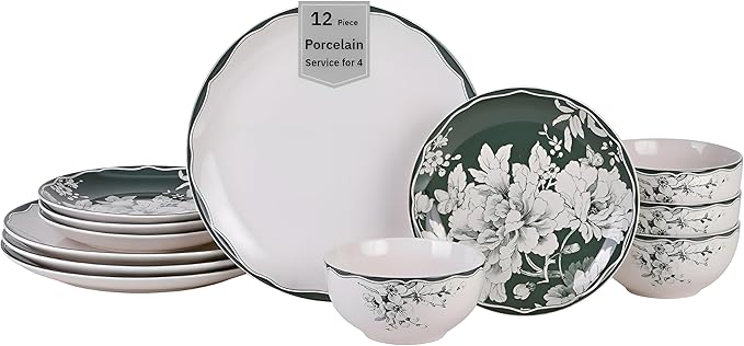 222 Fifth 12-Piece Porcelain Dinnerware Set for 4 White &amp Sage Green Plates and Bowls Set Glossy Ceramic Dish Set with Detailed Floral Design Microwave &amp Dishwasher Safe Dishes for Dining