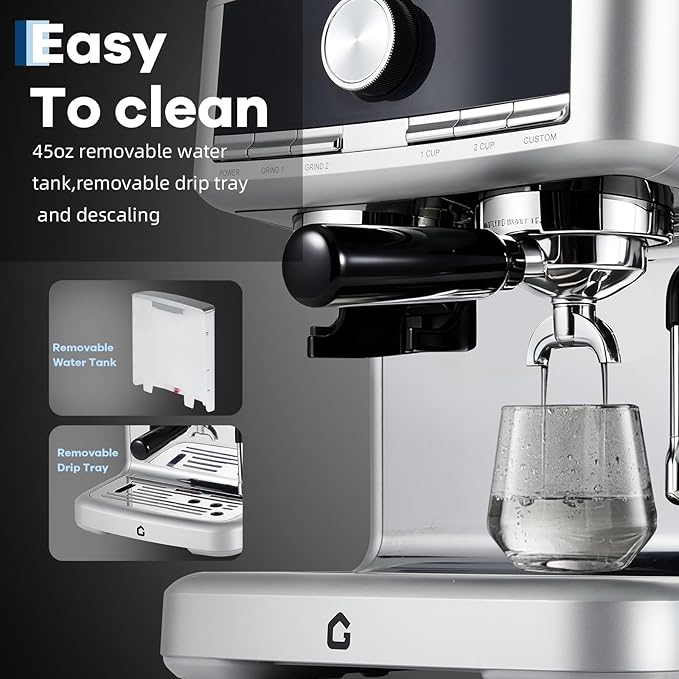 20 Bar Stainless Steel Espresso Machine with Integrated Grinder Adjustable Shot Volume 1.5l Removable Water Tank Steam Milk Frother Wand for Home and Office Use Silver