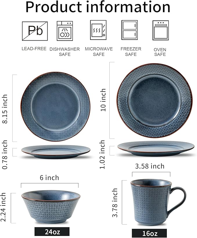 HVH Plates and Bowls Sets 16 Pieces Stoneware Dinnerware Sets Kitchen Dishes Set for 4 Dinner Dessert Plates Cereal Bowls and mugs for Party and Dinner Cross Pattern Farmhouse Style (Dark Blue)