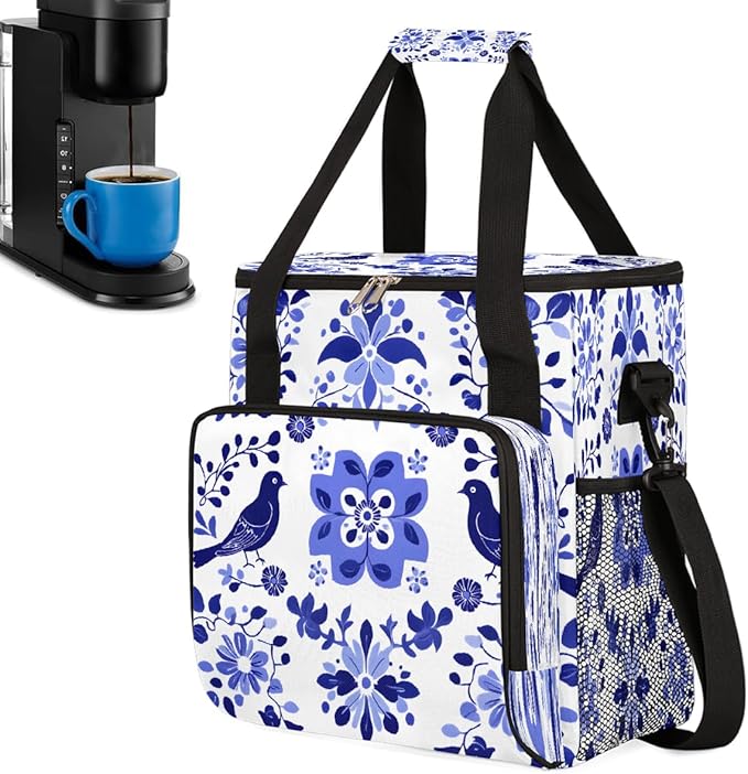 Talavera Mexico Bird Flower Coffee Maker Carring Bag Travel Carrying Storage Tote Bag Compatible with Keurig K-Mini or K-Mini Plus Portable Single Serve Coffee Brewer Case with Pockets for K-cup Pods