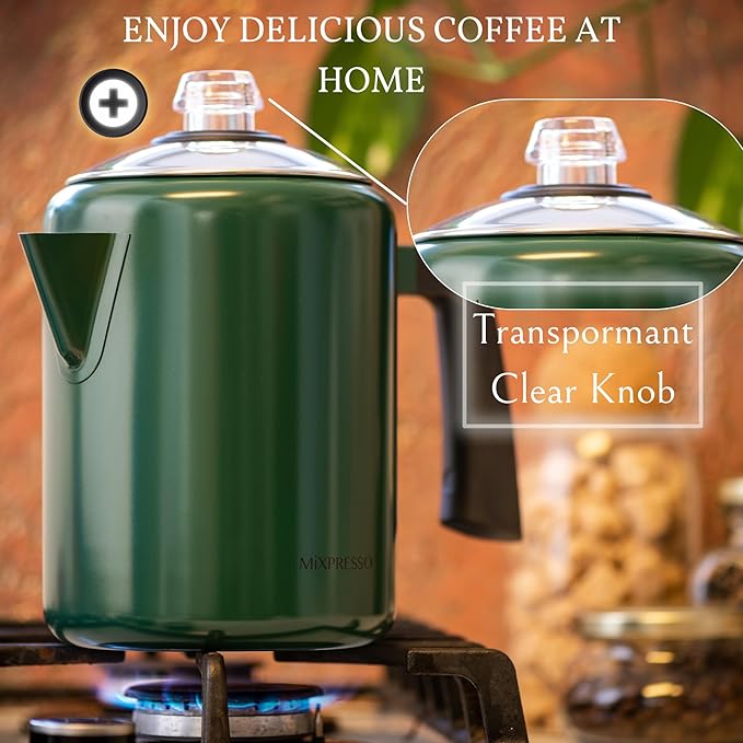 Mixpresso Green Stainless Steel Coffee Percolator Stovetop 37oz Classic Percolator Coffee Pot Great For Camping Pot 5-8 Cup Stove Top Espresso Maker Cool-Touch Handle