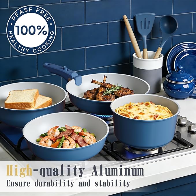 Umite Chef Pots and Pans Set Non Stick 21 pcs Ceramic Cookware Set with Detachable Handles Healthy Induction Cookware Oven Safe RV Kitchen Cooking Set with Utensils PFAS PFOA &amp PTFE Free Navy