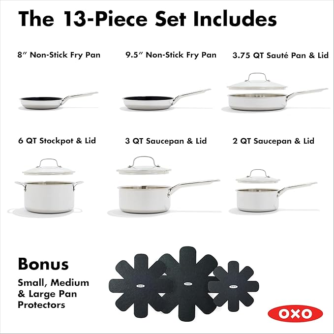 OXO 13 Piece Stainless Steel Cookware Set Tri-Ply Multiclad Pots &amp Pans PFAS-Free Ceramic Nonstick Coated Frying Pans Induction Compatible Dishwasher &amp Oven Safe Sauce Stock Saute Silv