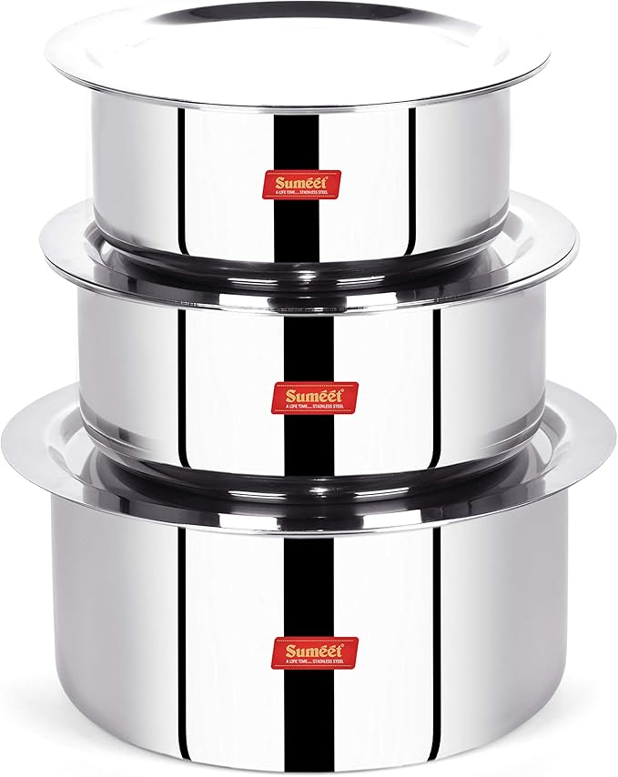 Sumeet Cook Smart TriPly SAS (Steel-Aluminium-Steel - 3 Layers) Tope Set of 3Pcs with Lid - No.18 (2Ltr 18Cm) No. 20(3Ltr 20Cm) No.22 (4Ltr 22Cm)