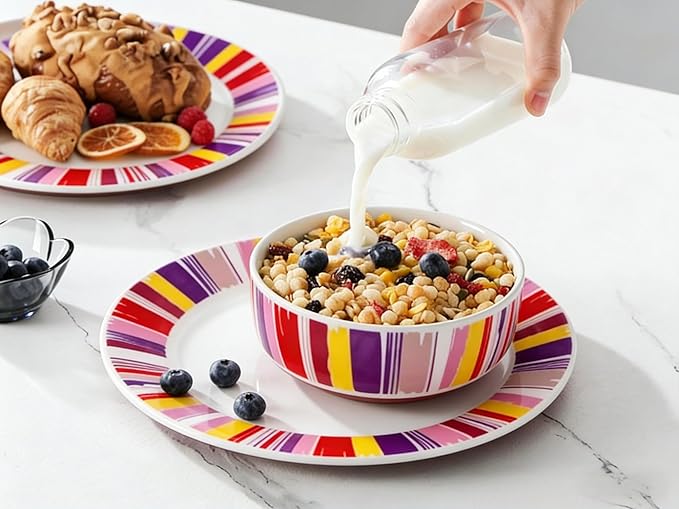 12-Piece Colorful Ceramic Dinnerware Set Durable Glazed Microwave &amp Dishwasher Safe Household Daily Use Plate Bowl Set Ideal for Breakfast Dinner Various Occasions