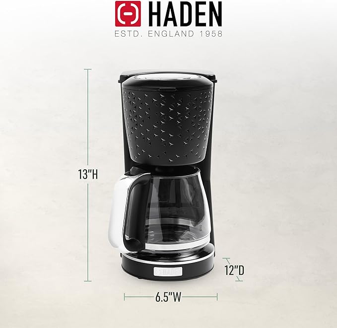 HADEN Starbeck Coffee Machine 10 Cup Automatic Drip Coffee Maker with Anti-Drip Function and Reusable Washable Water Filter Black &amp Chrome