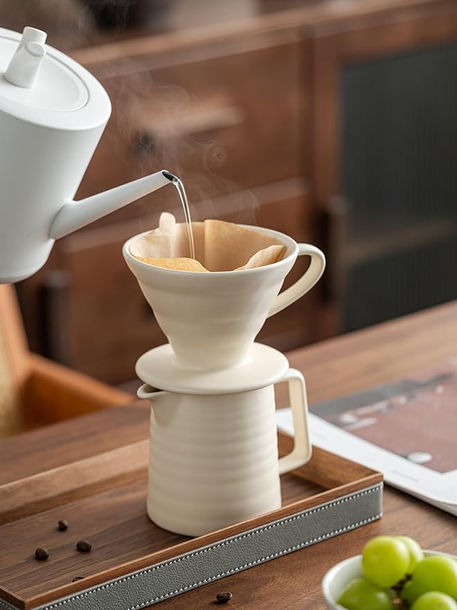 Pour Over Coffee Maker SetCeramic Coffee Maker With 40 pcs Paper Filter15oz/450ml Pour Over Coffee Dripper (White)