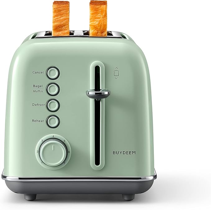 BUYDEEM DT620 2-Slice Toaster Extra Wide Slots Retro Stainless Steel with High Lift Lever Bagel and Muffin Function Removal Crumb Tray 7-Shade SettingsCozy Greenish