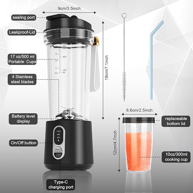 Portable Blender for Smoothies and Shakes 2 Portable Blender Cups 17 &amp10 oz Cordless Personal Small Blender with Straw Brush&ampLid USB-C Rechargeable Quiet Mini Travel Blender Black