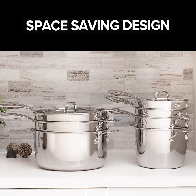 Nuwave Stainless Steel 9-Piece Pro-Smart Cookware Set Space Saving Nestable Design Heavy-Duty Tri-Ply Dishwasher &amp Oven Safe Ergonomic Stay-Cool Handles Induction-Ready &amp Works on All Coo