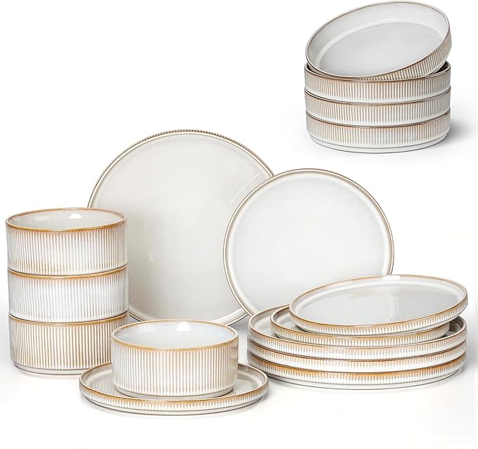 E-far 12-Piece Plates and Bowls Sets with 35oz Pasta Bowls Set of 4 Stoneware Dinnerware Dishes Sets Kitchen Modern Dining Dishware Creamy Beige