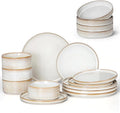E-far 12-Piece Plates and Bowls Sets with 35oz Pasta Bowls Set of 4 Stoneware Dinnerware Dishes Sets Kitchen Modern Dining Dishware Creamy Beige