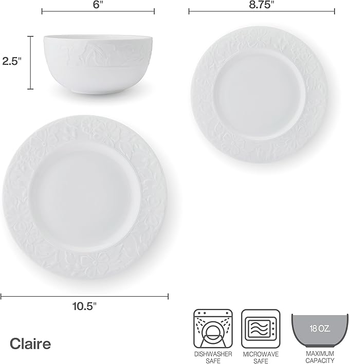 Mikasa Claire Floral Bone China Lightweight Chip Resistant 12 Piece Dinnerware Set Service for 4 White