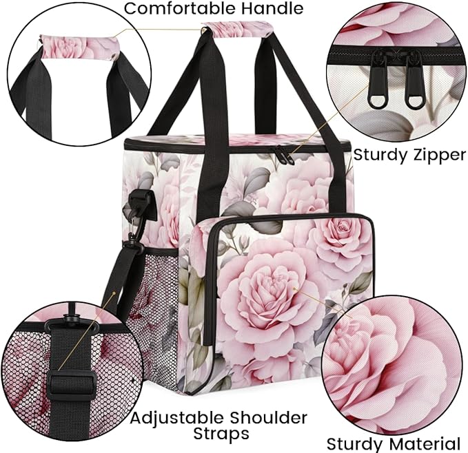 Pink Flower Travel Coffee Maker Carrying Bag Pink Floral Large Organizer Storage Tote Bag Insulated Reusable Cooler Lunch Bags