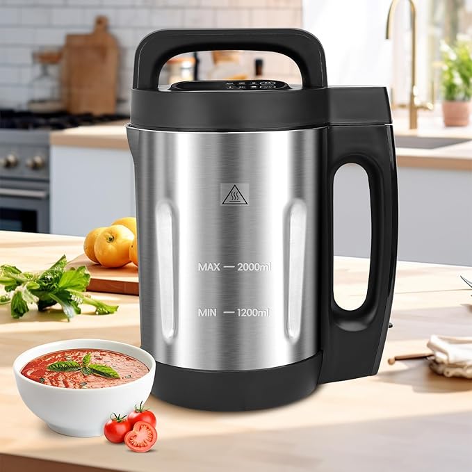 Homtone Soup Maker 2L Makes 2-6 Servings 6-in-1 Multifunctional Smooth and Chunky Soupmaker Electric Soup Bleander Eeasy Clean for Home Use Black and Stainless Steel