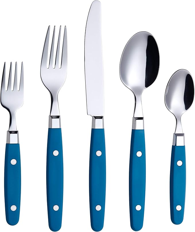 ANNOVA Silverware Set Retro/Rivet Colorful Stainless Steel Tableware Kitchen Flatware Set Utensils Includes Dinner Knives Forks Spoons Salad Forks &amp Dessert Spoons (Blue 20 Pieces)