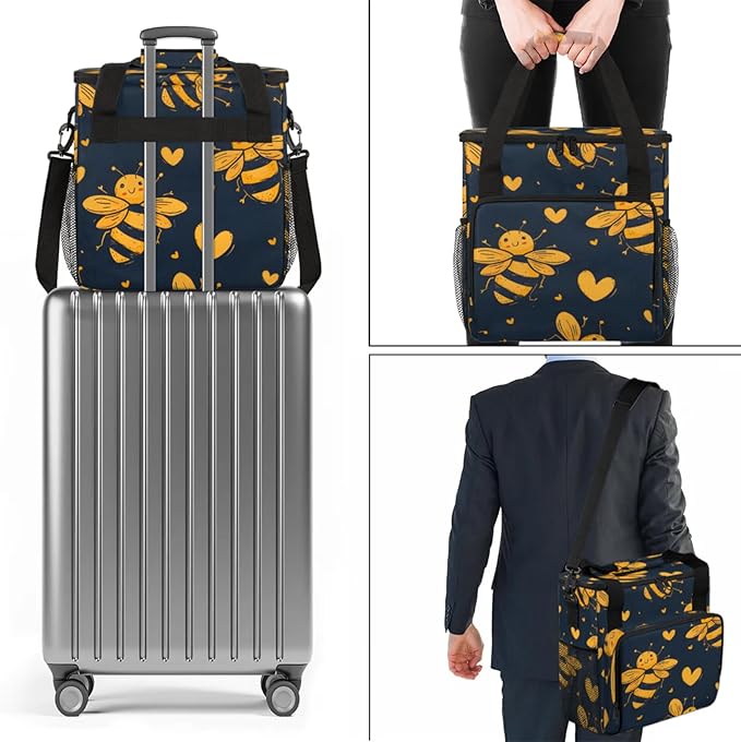 Bees Love Heart Coffee Maker Travel Bag for Keurig K-Mini/K-Mini Plus Insulated Waterproof Tote with Pockets for K-Cup Portable Single-Serve Brewer Case