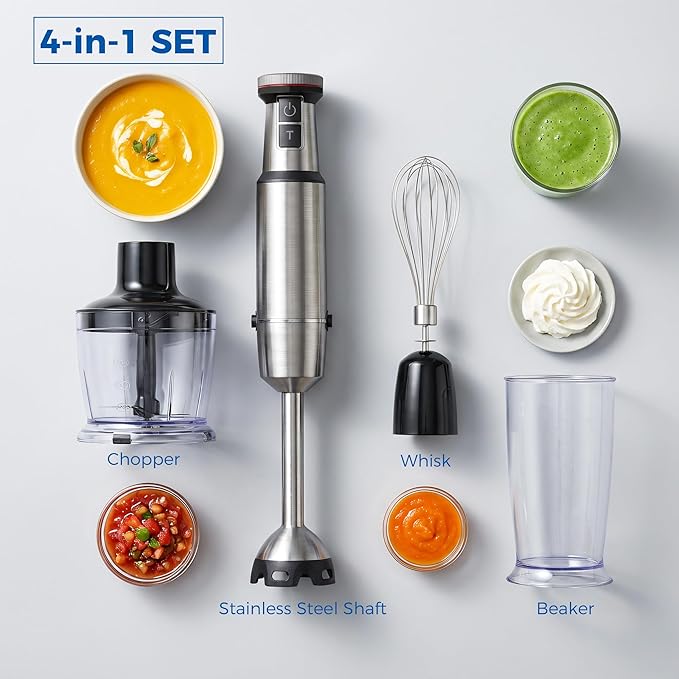 TALIA 4-in-1 Immersion Blender Hand Blender with Stainless Steel Shaft Variable Speed &amp Turbo Dishwasher-Safe for Soups Smoothies Baby Food Puree &amp Shakes