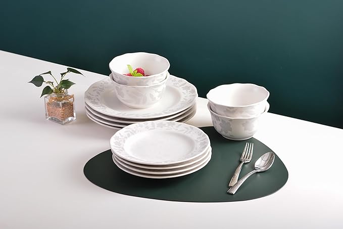 222 Fifth 12-Piece Porcelain Dinnerware Set for 4 Glossy White Plates and Bowls Sets with Silver Flower Pattern Luxury Ceramic Dish Set Elegant Kitchen Dishes for Everyday Dining Refreshed Floral