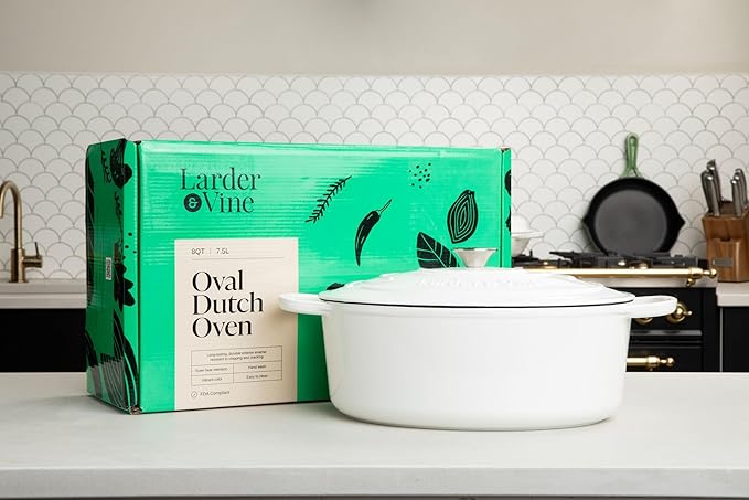 Larder &amp Vine 6-Piece Enameled Cast Iron Pan Cookware Sets Includes 8 Quart and 5.7 Quart Dutch Oven with Lids Braiser/Crock Pot with Lid (White)