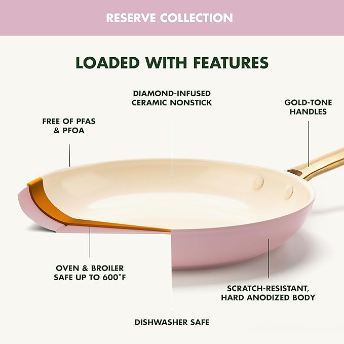 GreenPan Hard Anodized Healthy Ceramic Nonstick 10 Piece Cookware Pots and Pans Set Gold Handle PFAS-Free Dishwasher Safe Oven Safe Blush Pink