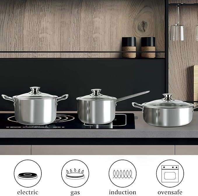 Wodillo 6Pcs Pots and Pans Set Stainless Steel Pot Set Nonstick Kitchen Cookware Set Induction Pots Set with Stay-Cool Handle Works with Electric and Gas Cooktops Dishwasher Safe