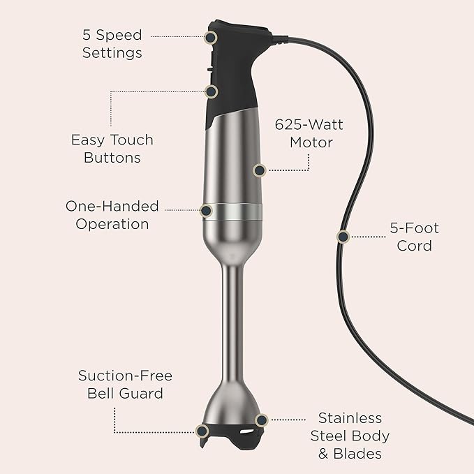 Vitamix 5-Speed Immersion Blender Professional-Grade Hand Blender with 625-Watt Motor and Stainless-Steel Blade Stainless Steel/White
