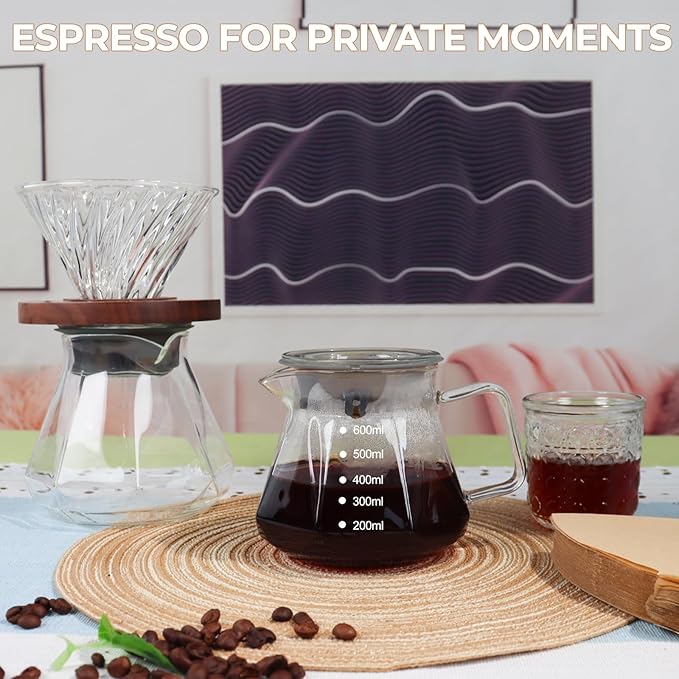 Pour Over Coffee Maker 600ml Borosilicate Glass Drip Coffeemaker Server Set with 100pcs V60 Cone Paper Filters Walnut Collar Glass Lid Clear Hand Brew Dripper Carafe for Home Camping Travel 20.3oz