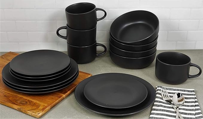 10 Strawberry Street Wazee Matte Coupe Dinnerware Set 16 pc Black
