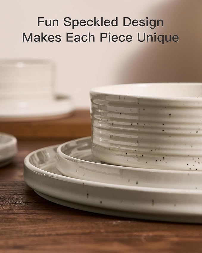 Stoneware Dinnerware Set Highly Chip &amp Scratch Resistant Everyday Plates and Bowls for 8 (24pcs) Reactive Glaze Speckled Ceramic Straight Dishes with Gift Box Microwave Dishwasher Safe Shell B