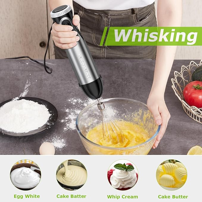 Immersion Handheld Blender Bonsenkitchen 9-Speed Stainless Steel Hand Blender Set with Wall Mounted Bracket Food Grinder Bowl Measuring Mug Egg Whisk for Smoothies Infant Food Sauces Puree