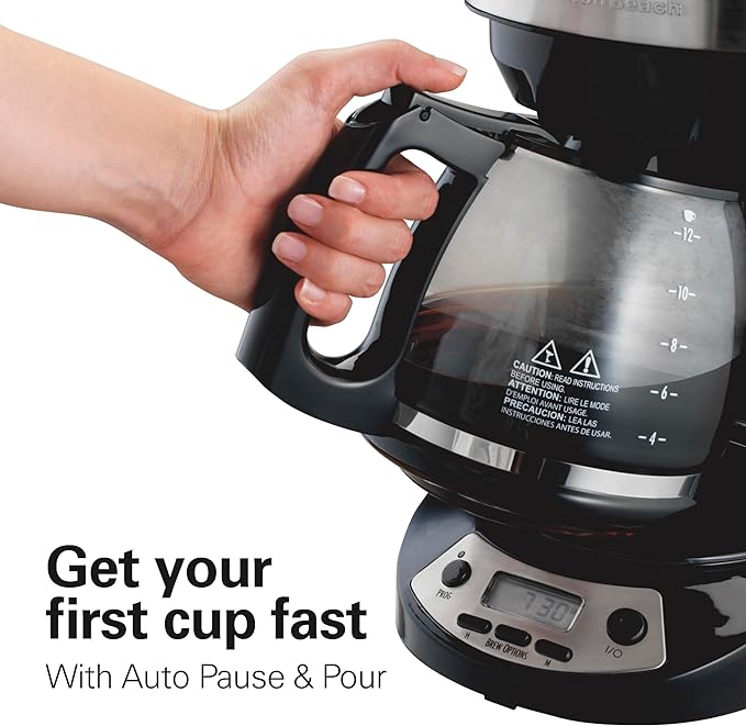Hamilton Beach 12 Cup Programmable Drip Coffee Maker Machine Regular &amp Bold Brew Options Auto Pause and Pour Glass Carafe Black with Stainless Accents (46299J)
