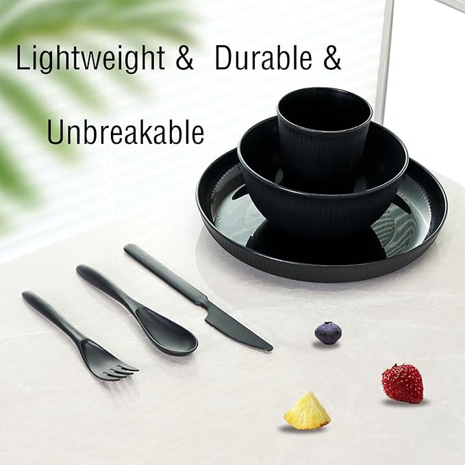 36 Pcs Lightweight Black Wheat Straw Dinnerware Set - Unbreakable Dishes for Kitchen &amp Camping | Microwave Dishwasher Safe