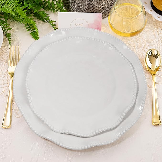 Melamine Dinnerware Sets Service for 4 Cream Plates and Bowls Set with Beaded Edge BPA Free Dishwasher Safe Heavy Duty Shatterproof Unbreakable Tableware for Wedding Party Camping Outdoor