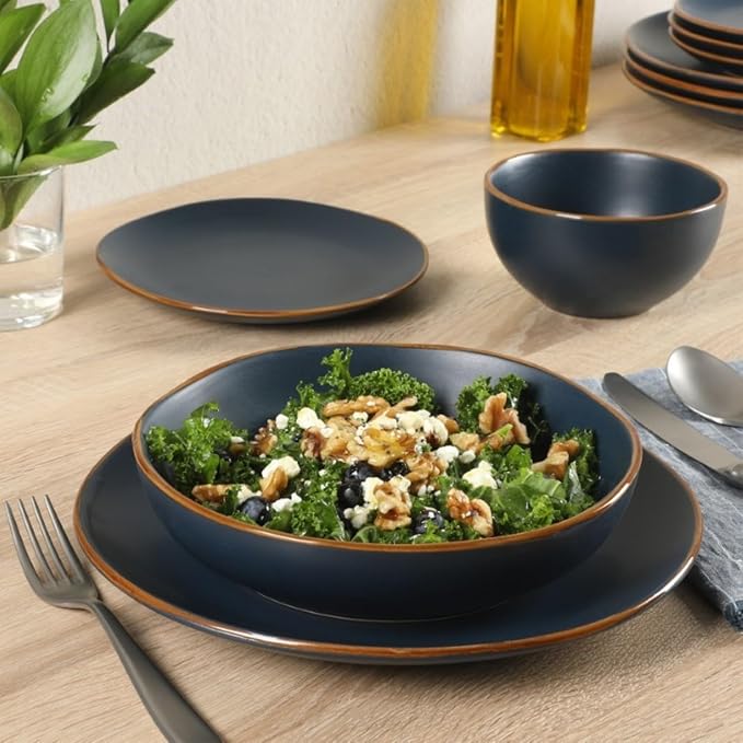 Gibson Home Hazeltine 16-Piece Navy Blue Stoneware Dinnerware Set – Plates and Bowls Durable Ceramic Kitchen Dinner Set