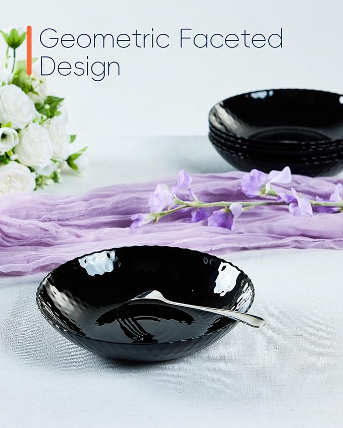 Dinnerware Sets Light &amp Durable 18 Pieces Opal Glass Plates and Bowls Set Dishwasher and Microwave Safe Dish Dinning Ware Thin but Strong Geometric Faceted Black