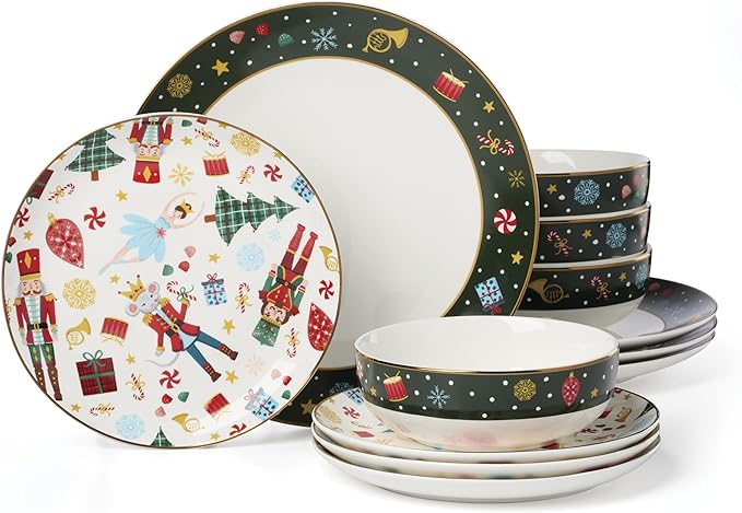 Lenox Dinnerware Set Nutcracker Ballet 12-Piece Dinnerware Set Service for 4 Made Of Porcelain Dishwasher/Microwave Safe Includes Plates and Bowls for Pasta and Salad Christmas Decor (12 Piece)